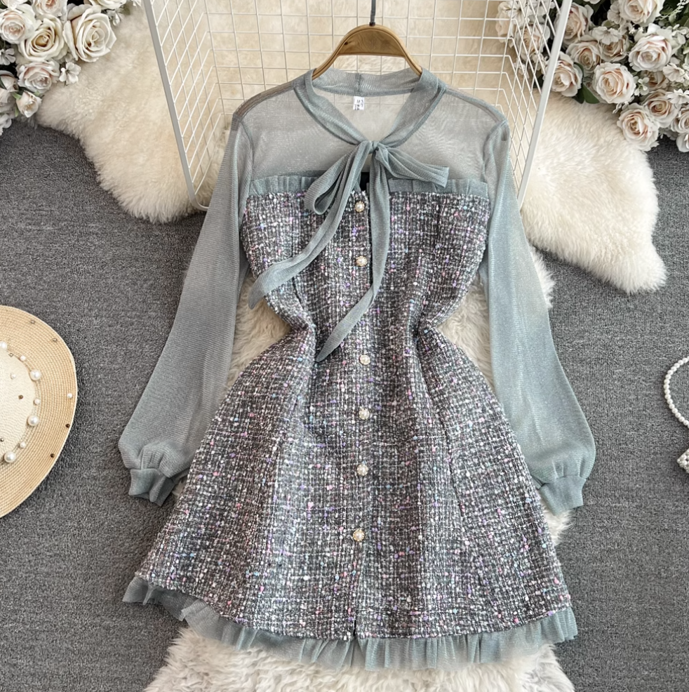 Lace-up Mesh Patchwork Tweed Dress