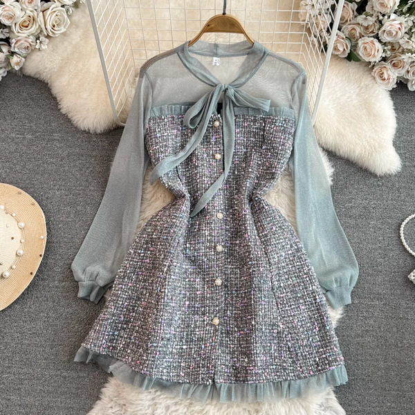 Lace-up Mesh Patchwork Tweed Dress