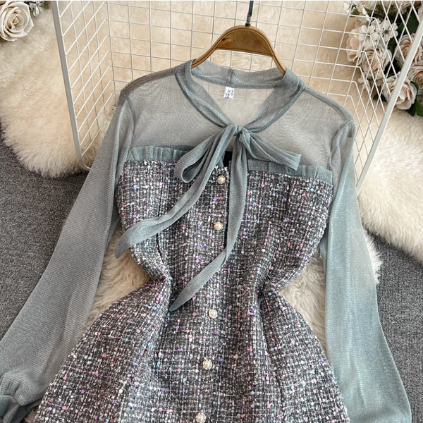 Lace-up Mesh Patchwork Tweed Dress