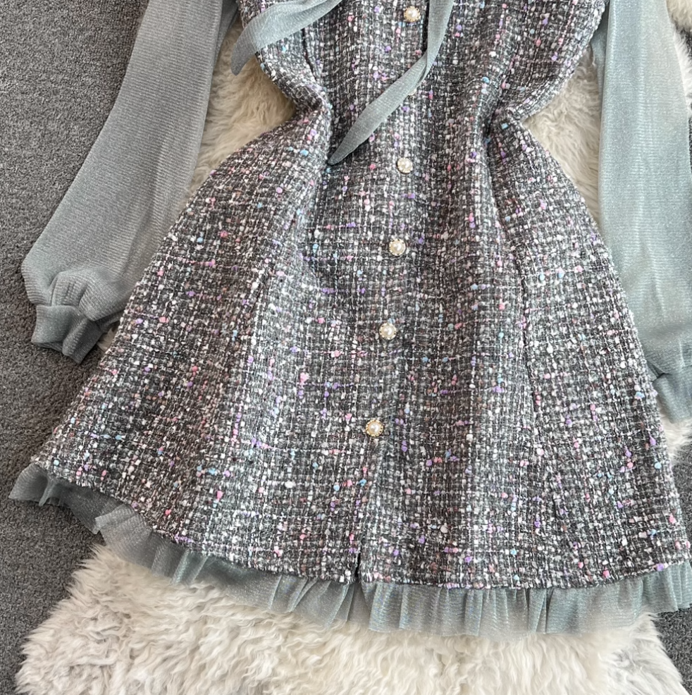 Lace-up Mesh Patchwork Tweed Dress