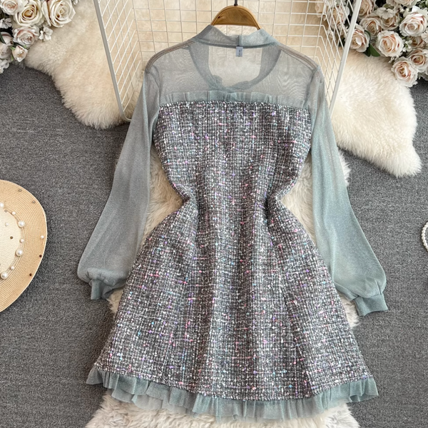 Lace-up Mesh Patchwork Tweed Dress
