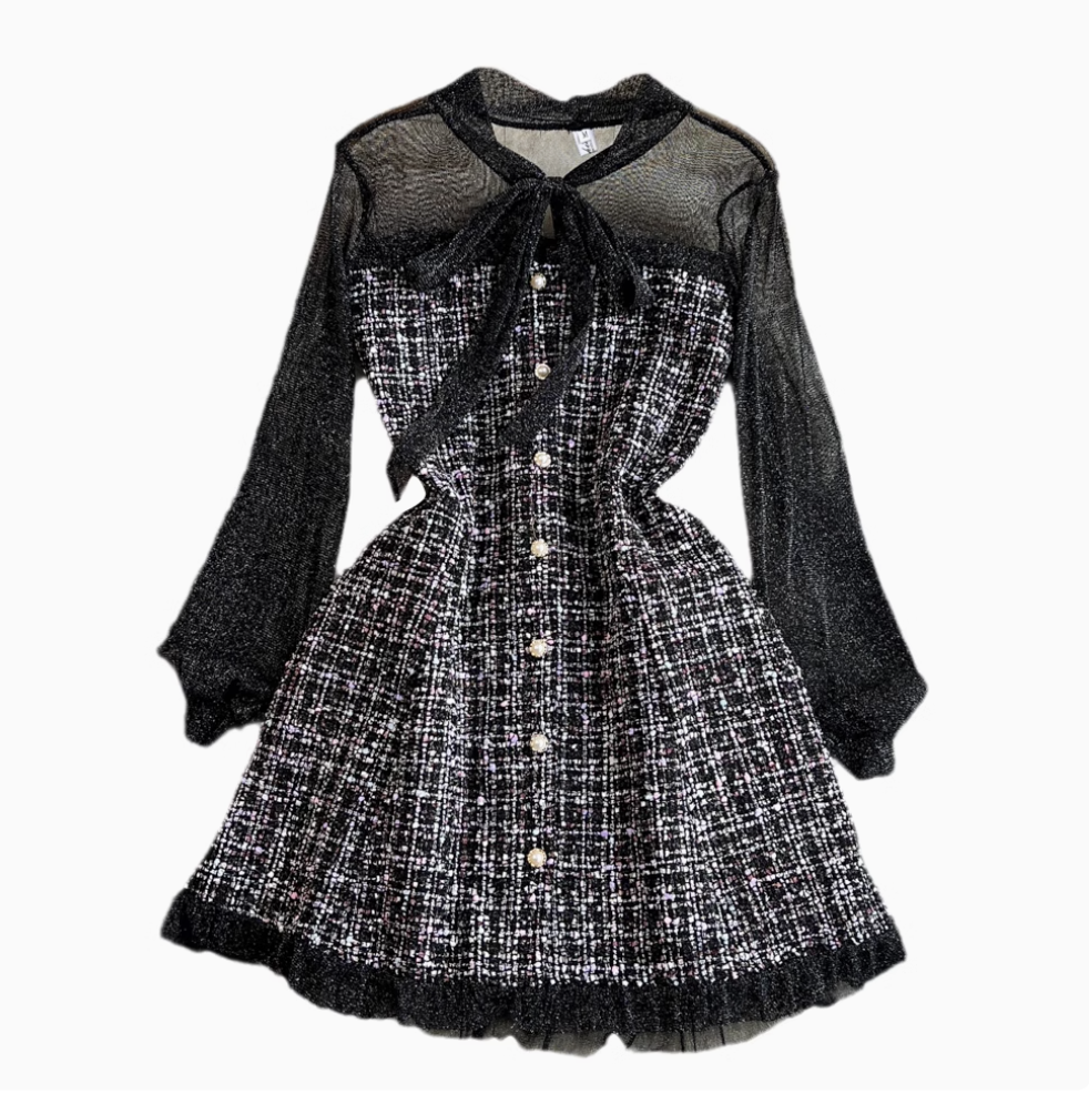 Lace-up Mesh Patchwork Tweed Dress