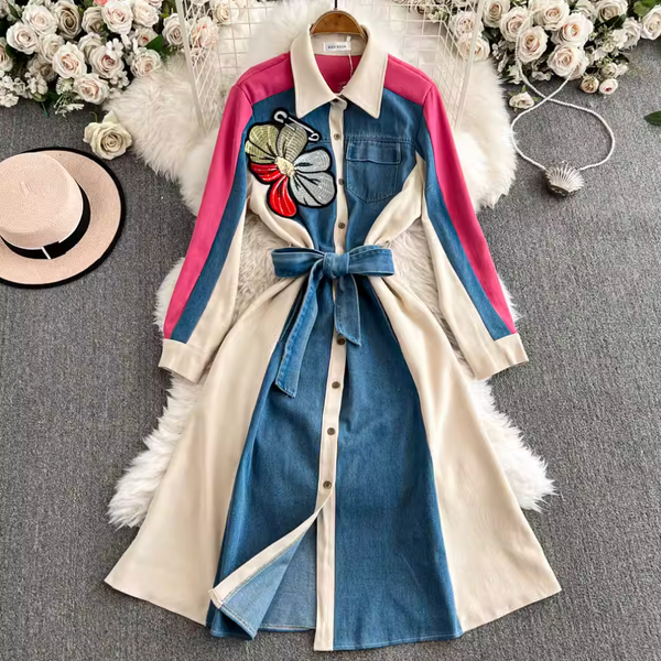 Vintage Color Blocking Denim Patchwork Dress