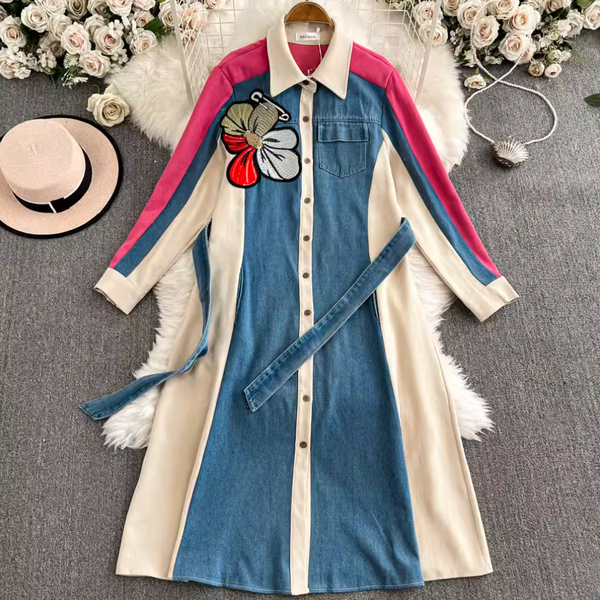 Vintage Color Blocking Denim Patchwork Dress