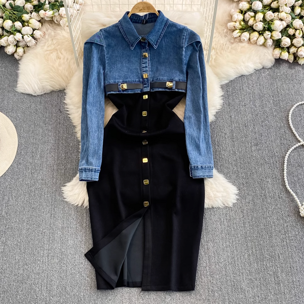 Faux Two-pieces Denim Patchwork Dress