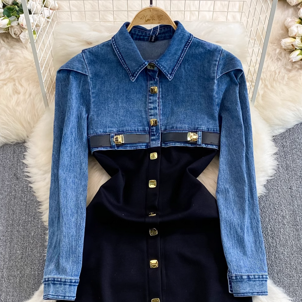 Faux Two-pieces Denim Patchwork Dress
