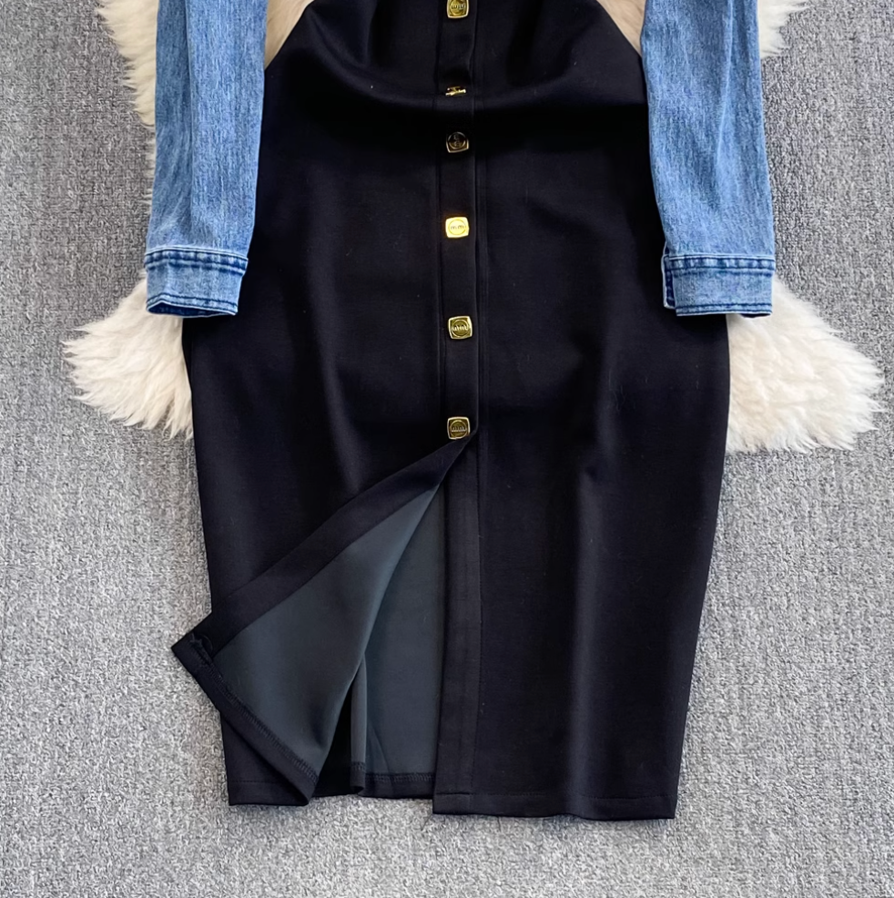 Faux Two-pieces Denim Patchwork Dress