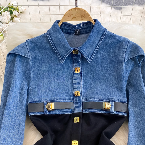 Faux Two-pieces Denim Patchwork Dress