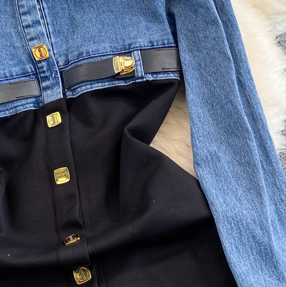 Faux Two-pieces Denim Patchwork Dress