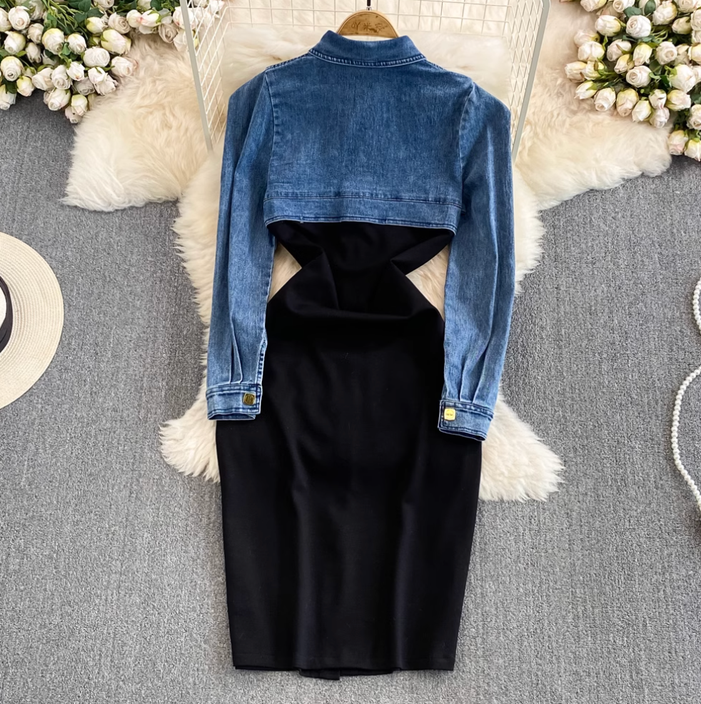 Faux Two-pieces Denim Patchwork Dress