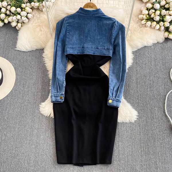Faux Two-pieces Denim Patchwork Dress
