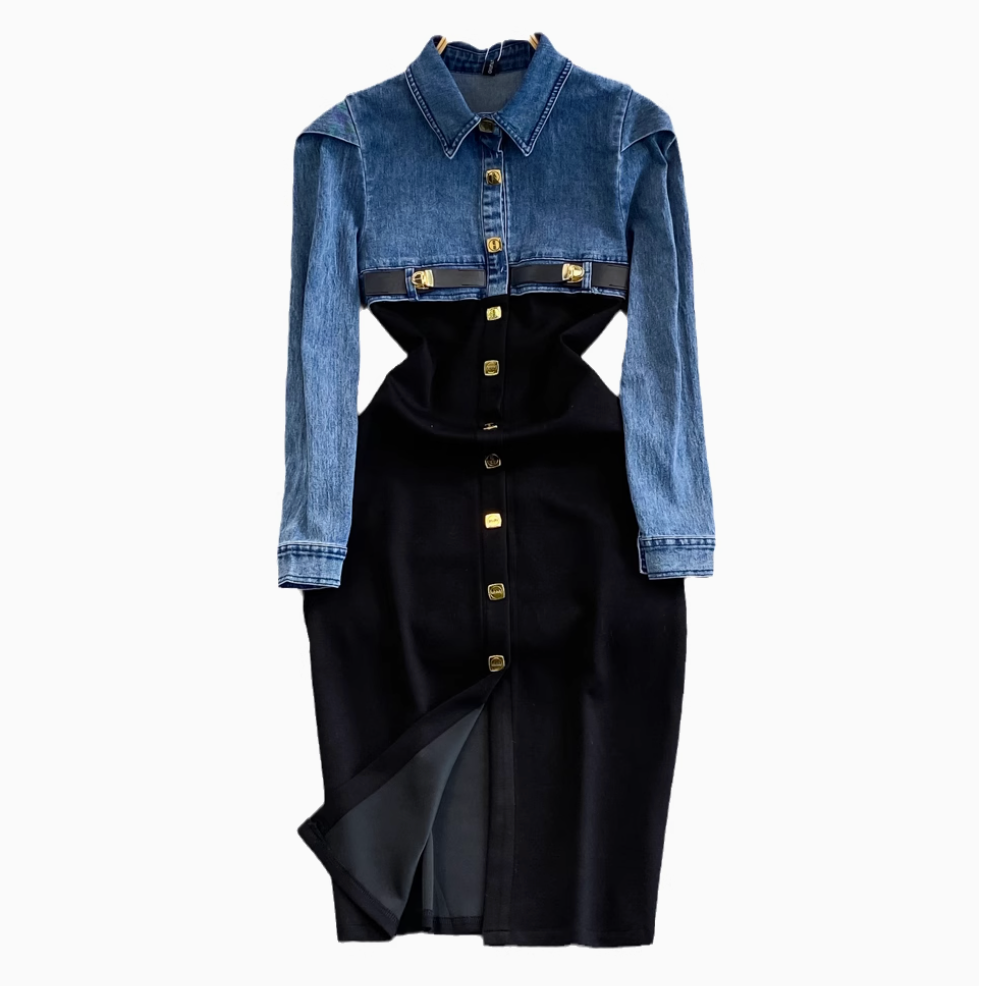 Faux Two-pieces Denim Patchwork Dress