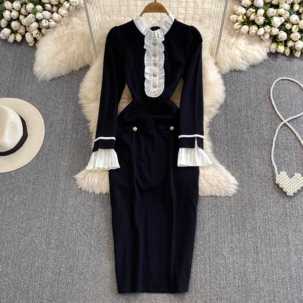 Korean Style Ruffled Lace Black Dress