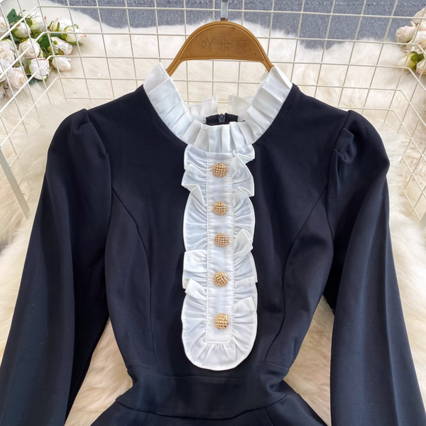 Korean Style Ruffled Lace Black Dress
