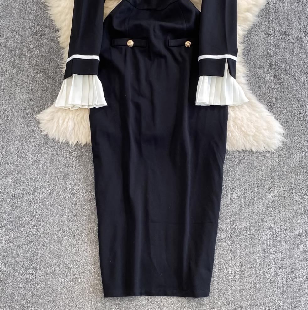 Korean Style Ruffled Lace Black Dress