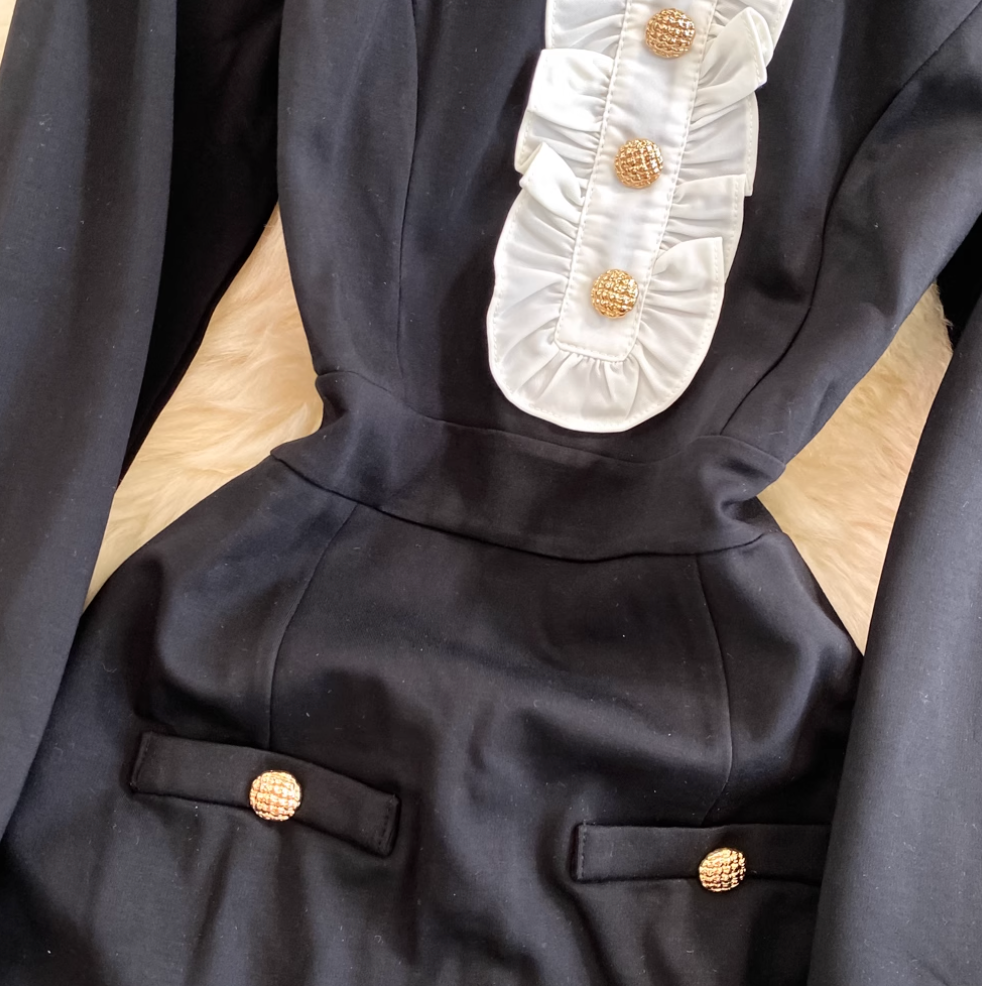 Korean Style Ruffled Lace Black Dress