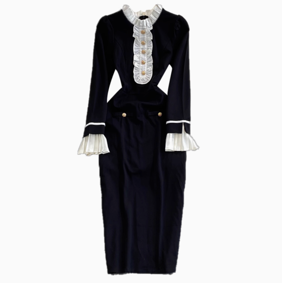 Korean Style Ruffled Lace Black Dress