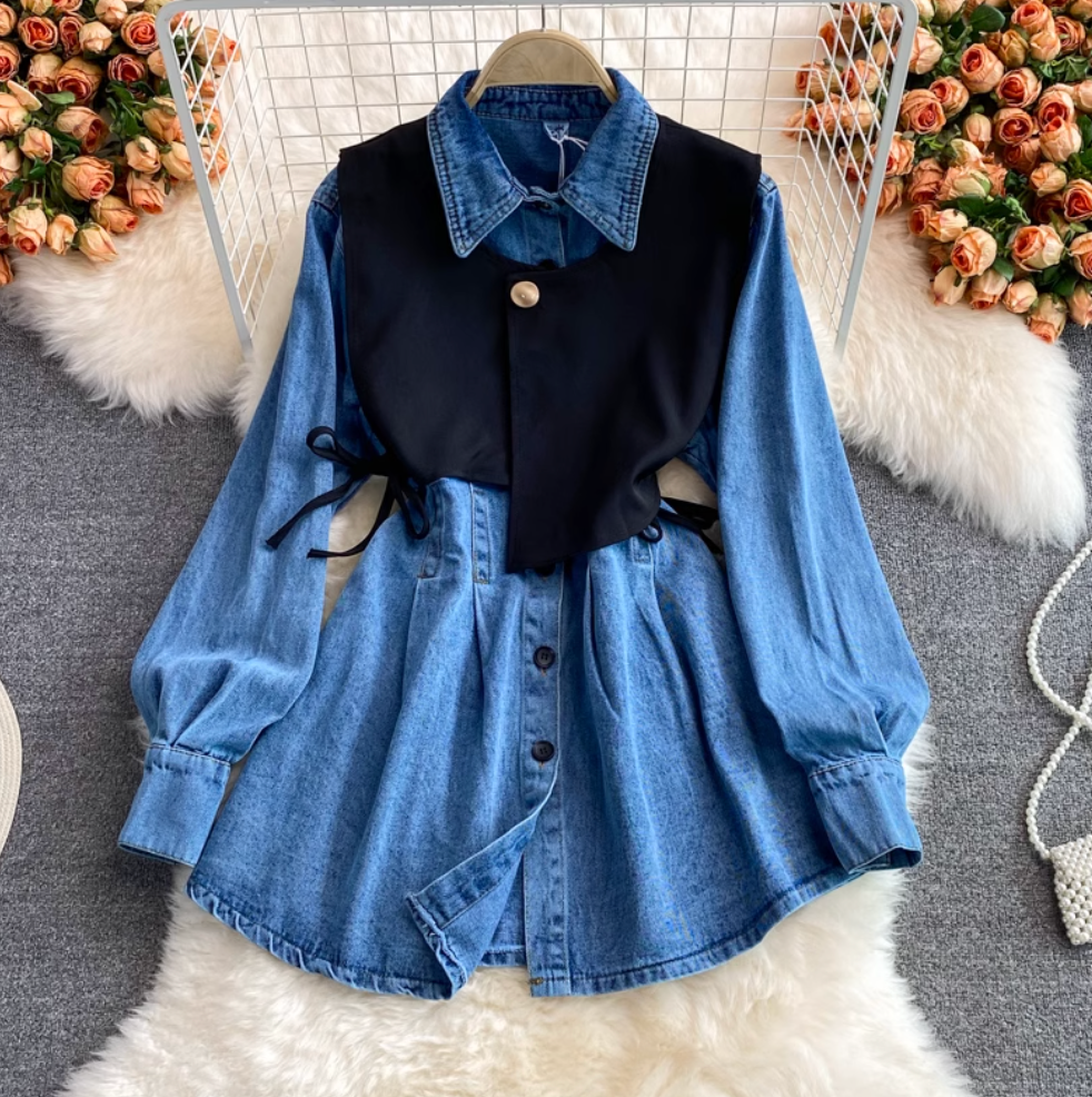 Chic Knitted Vest & Denim Dress 2Pcs