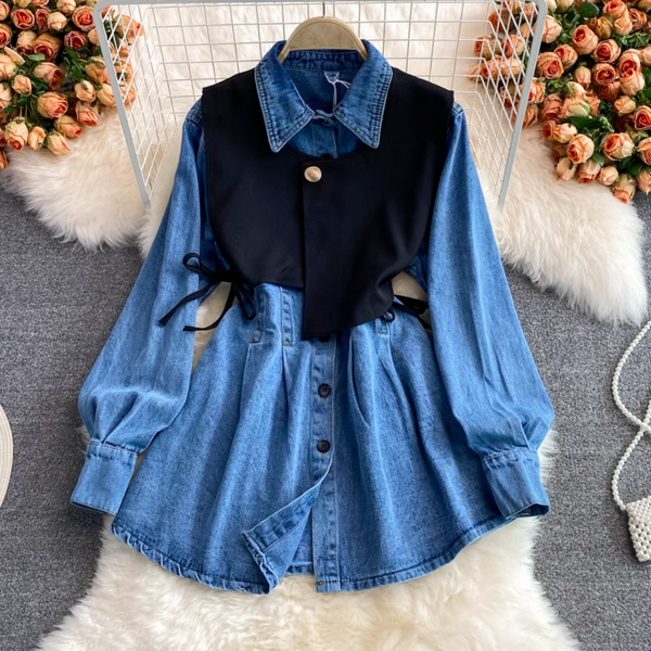 Chic Knitted Vest & Denim Dress 2Pcs