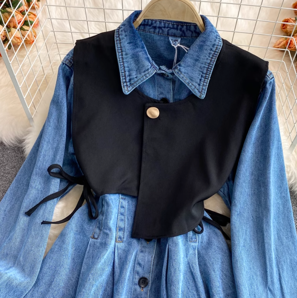 Chic Knitted Vest & Denim Dress 2Pcs