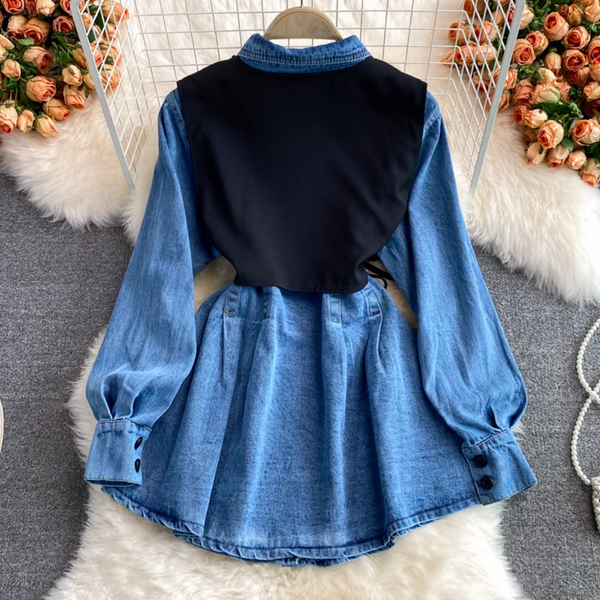 Chic Knitted Vest & Denim Dress 2Pcs