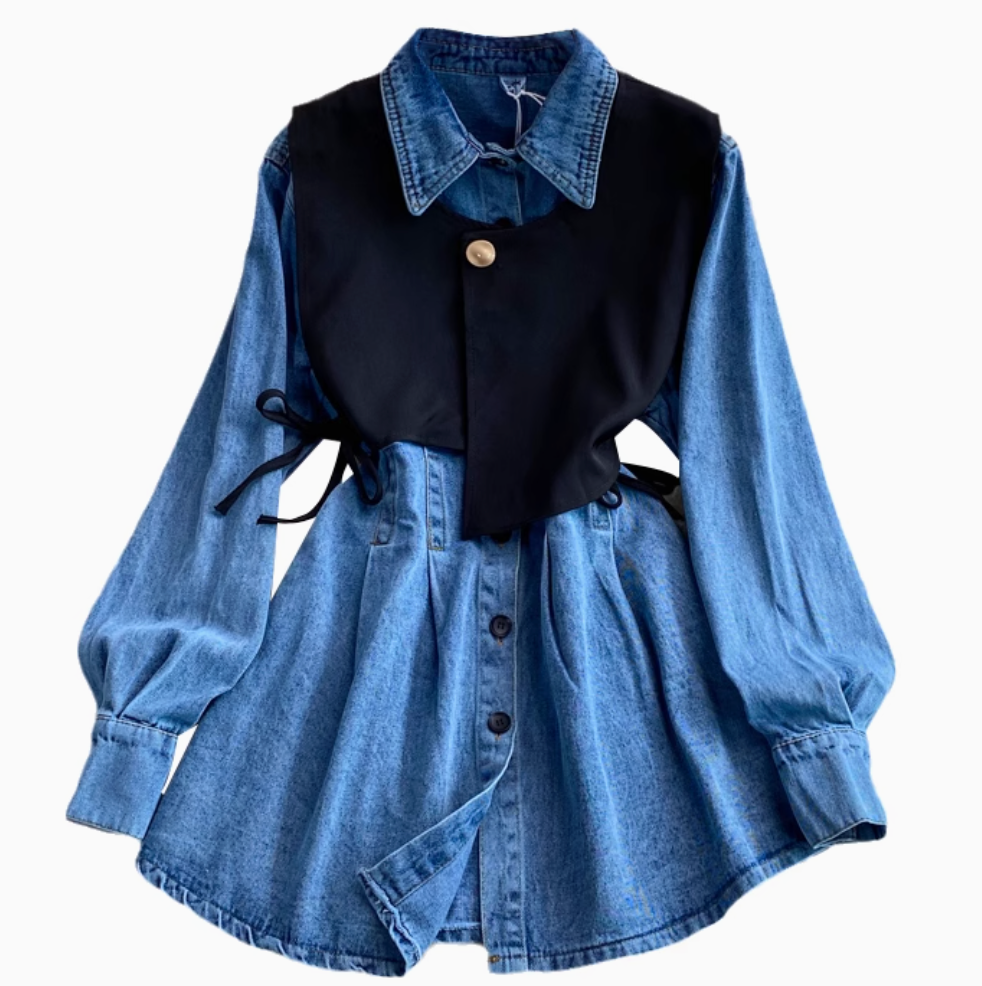 Chic Knitted Vest & Denim Dress 2Pcs