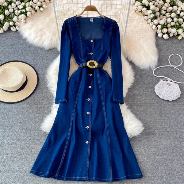 Square Neckline Denim Shirt Dress