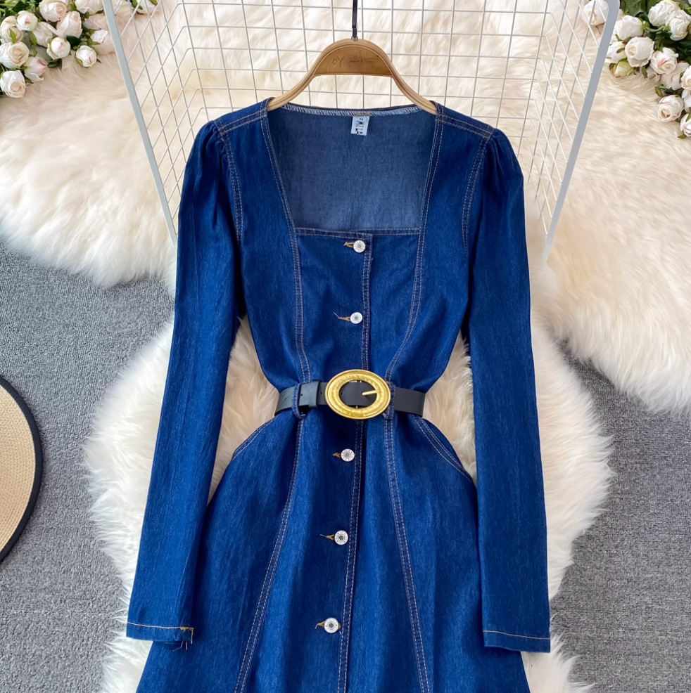 Square Neckline Denim Shirt Dress