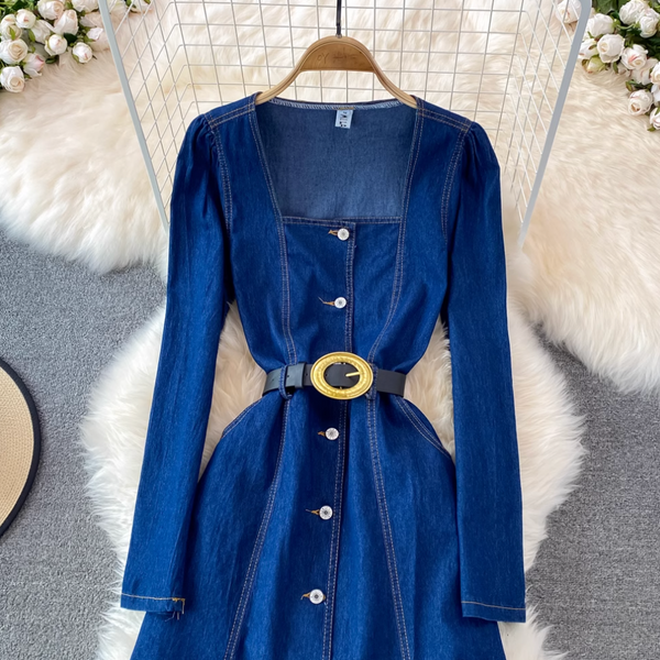 Square Neckline Denim Shirt Dress