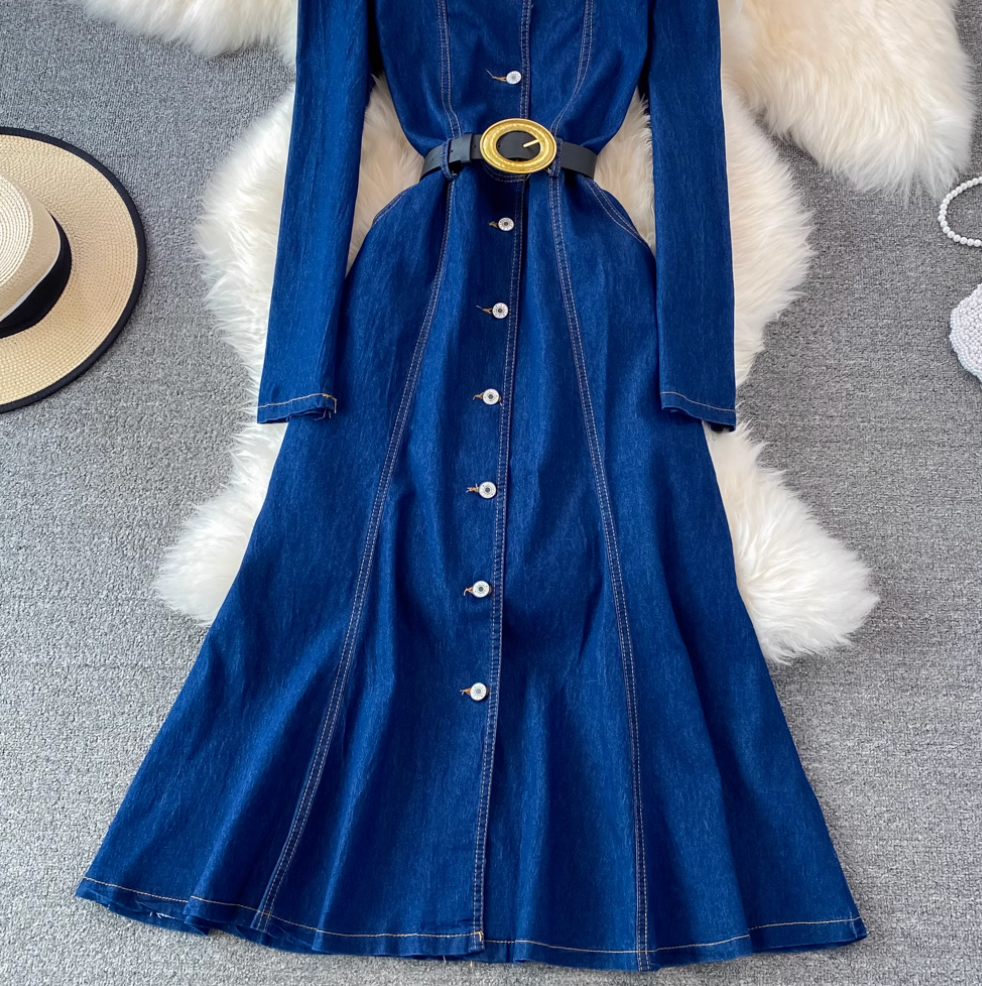 Square Neckline Denim Shirt Dress