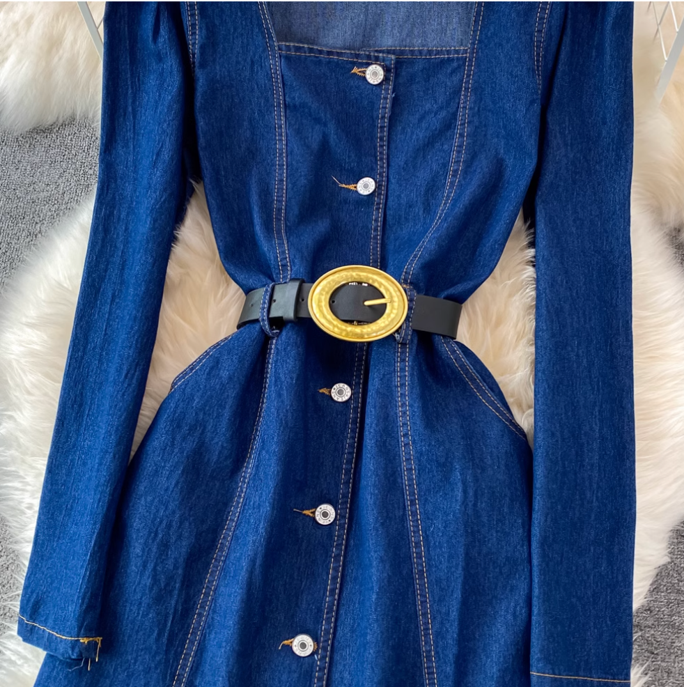 Square Neckline Denim Shirt Dress