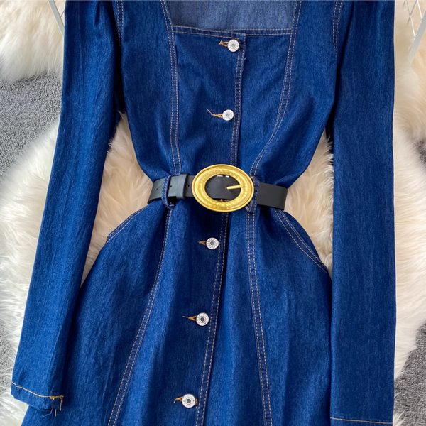 Square Neckline Denim Shirt Dress