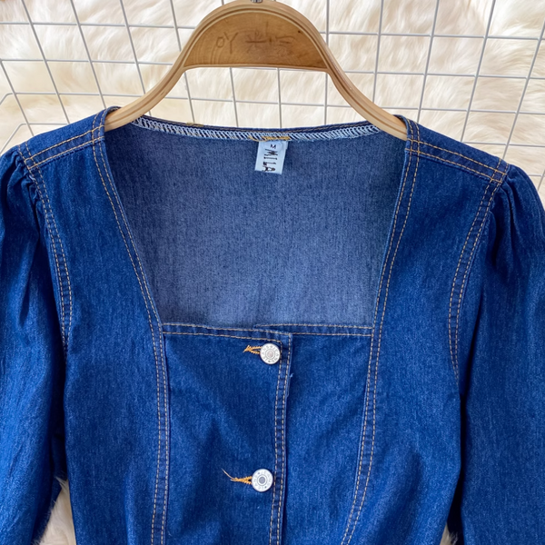 Square Neckline Denim Shirt Dress