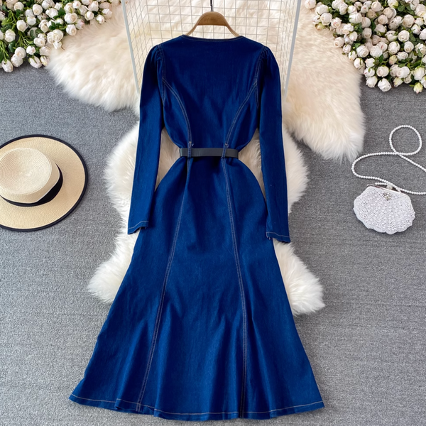 Square Neckline Denim Shirt Dress