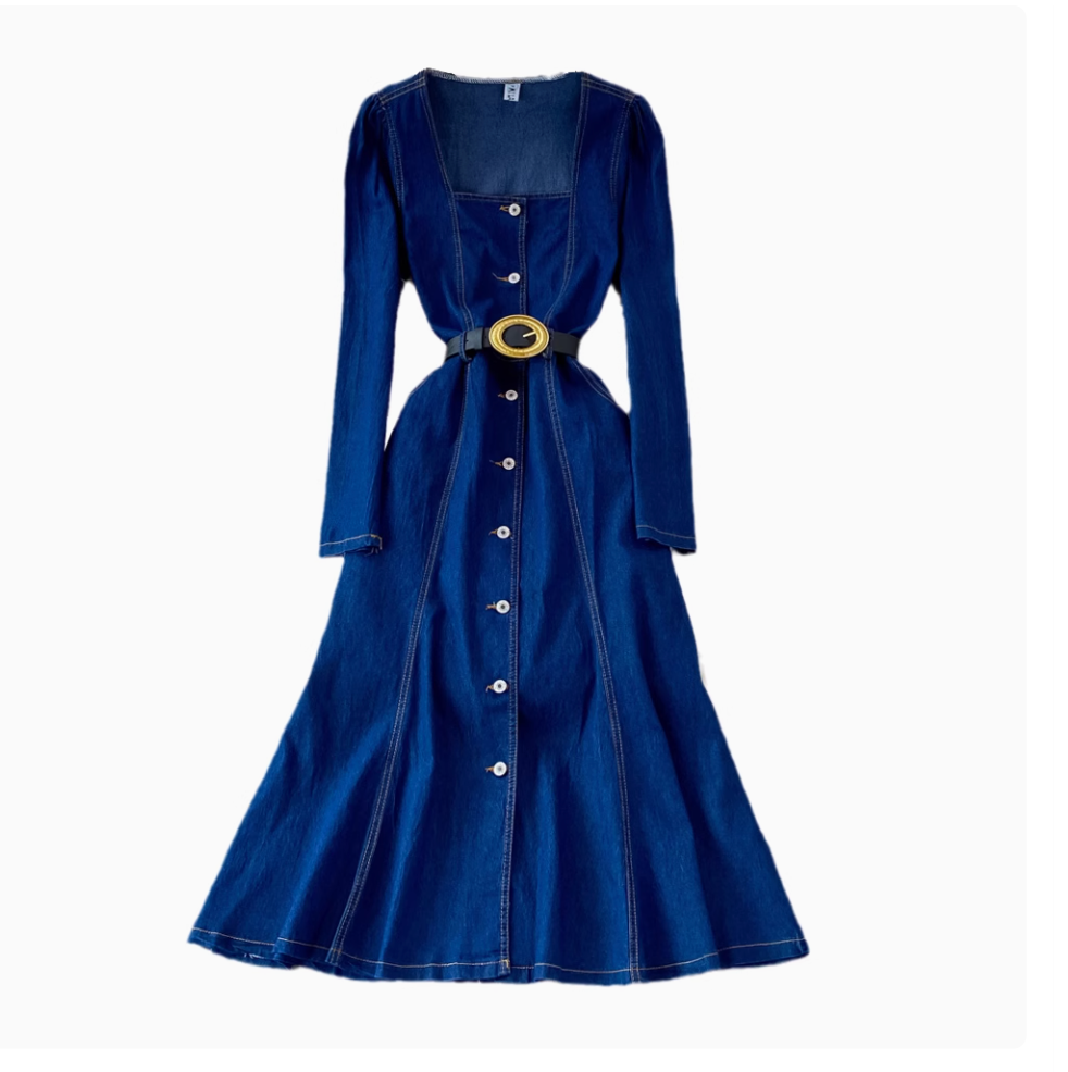 Square Neckline Denim Shirt Dress