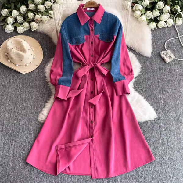 Lapeled Denim Patchwork Shirt Dress