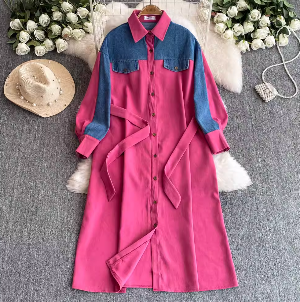 Lapeled Denim Patchwork Shirt Dress