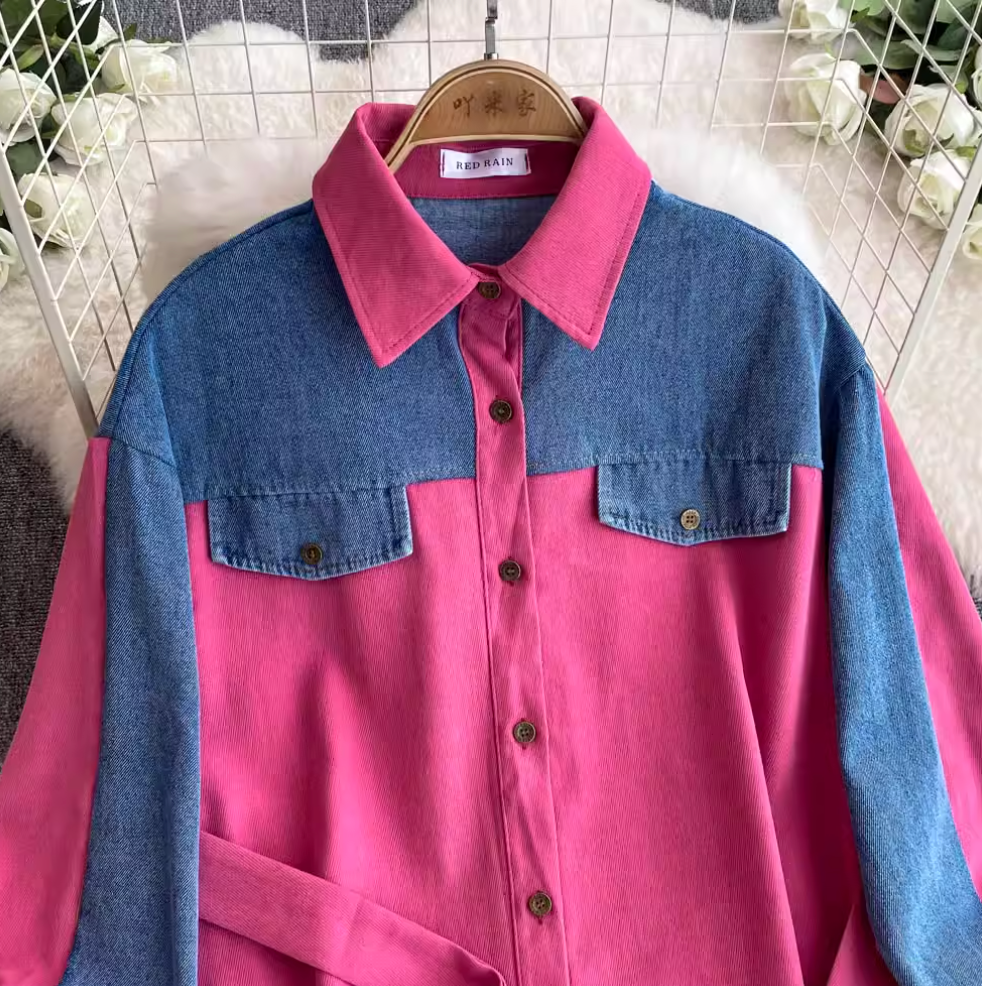 Lapeled Denim Patchwork Shirt Dress