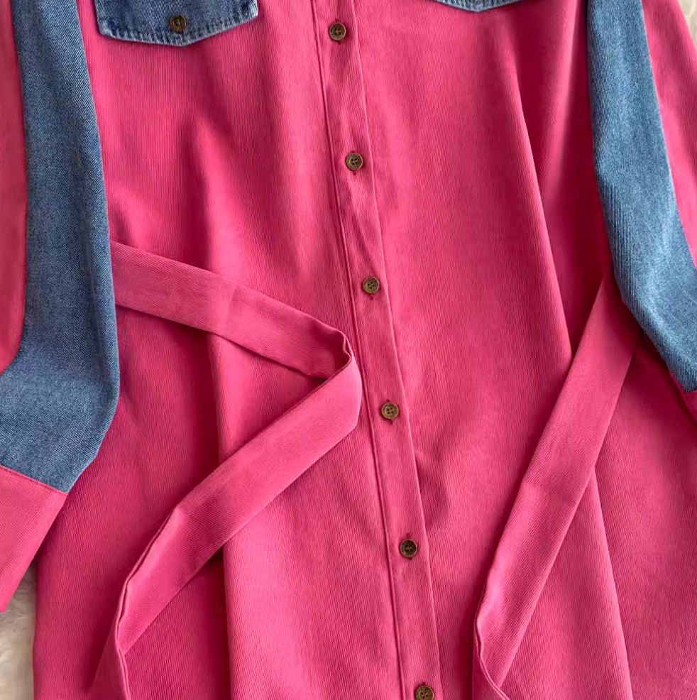 Lapeled Denim Patchwork Shirt Dress