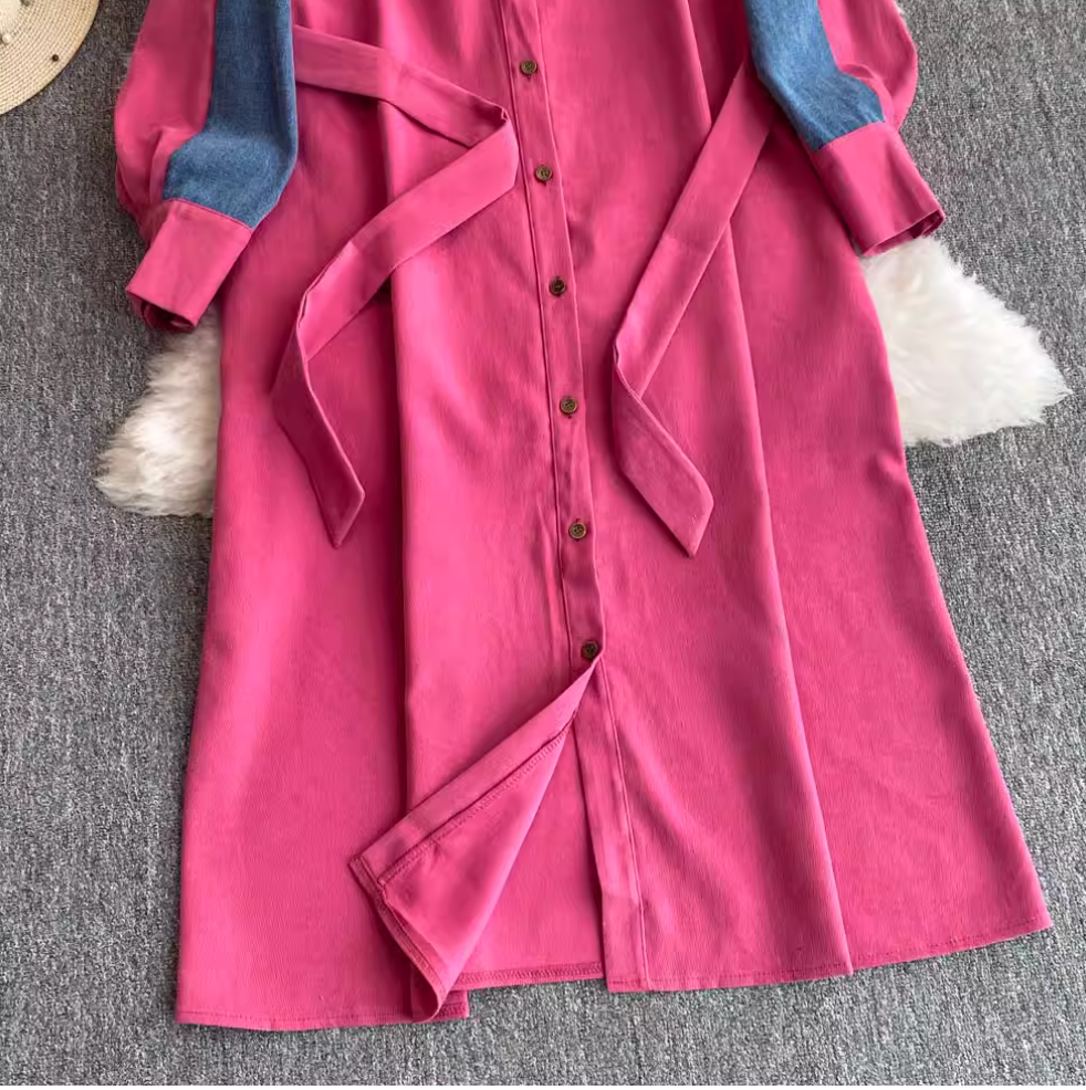 Lapeled Denim Patchwork Shirt Dress