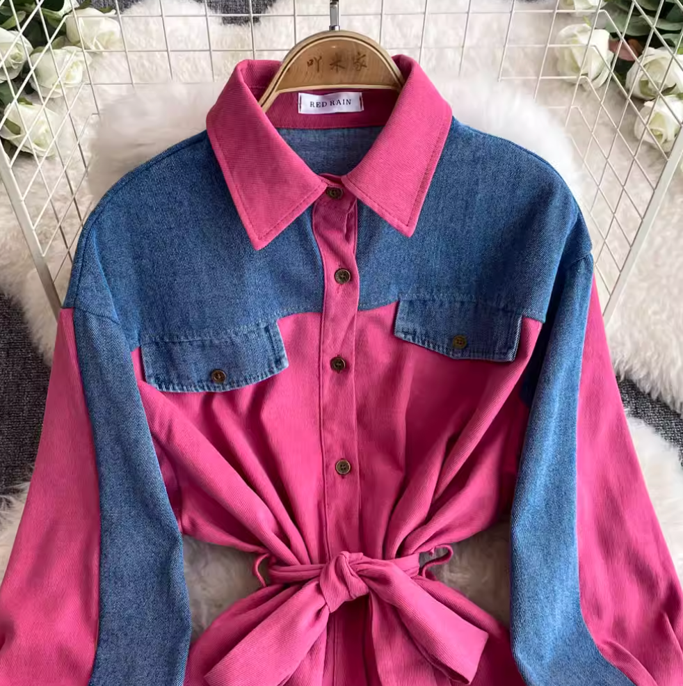 Lapeled Denim Patchwork Shirt Dress