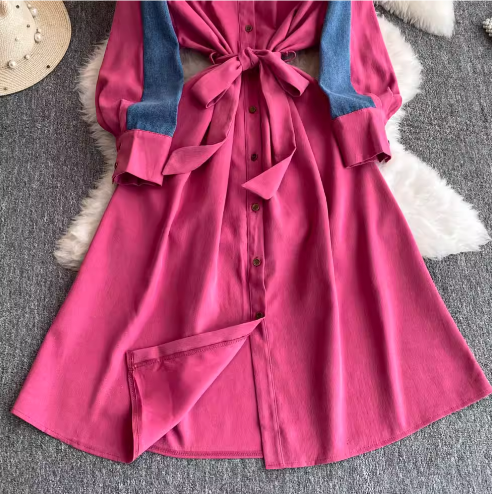 Lapeled Denim Patchwork Shirt Dress