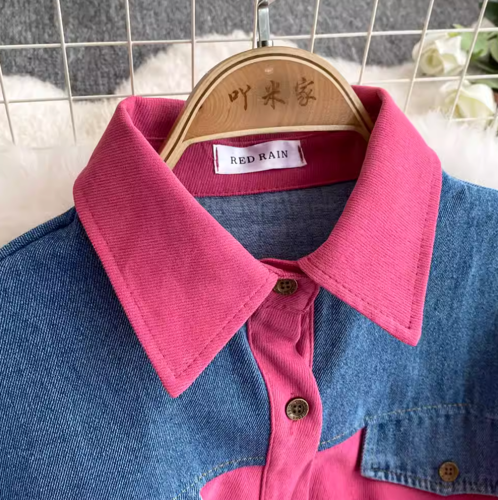 Lapeled Denim Patchwork Shirt Dress