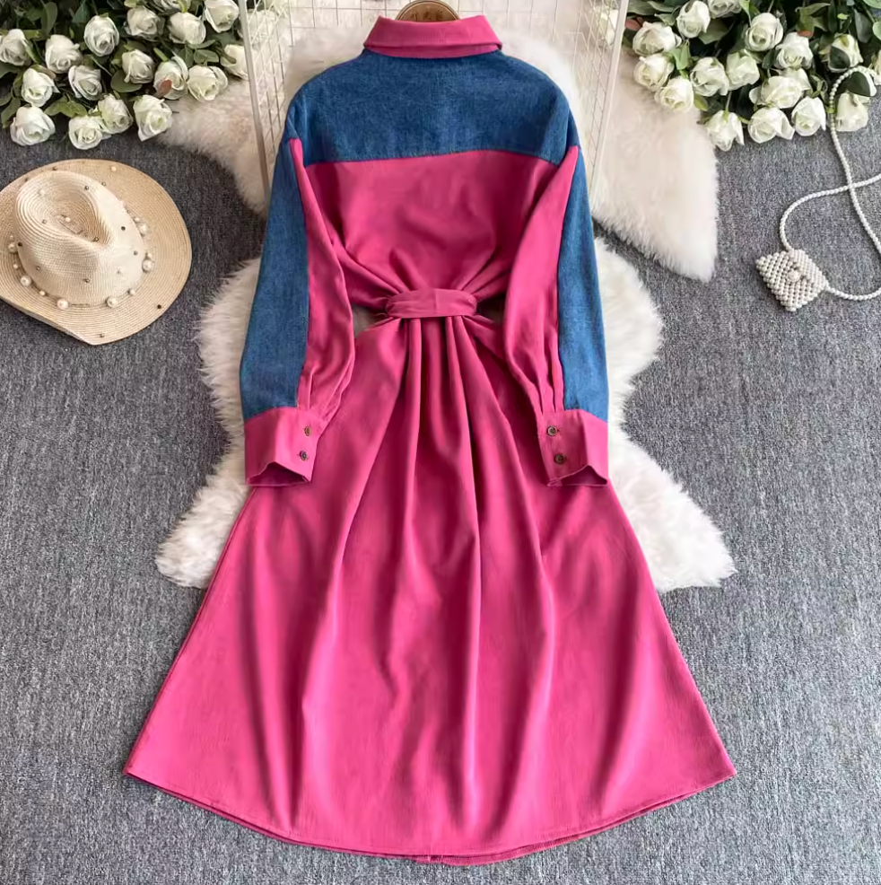Lapeled Denim Patchwork Shirt Dress