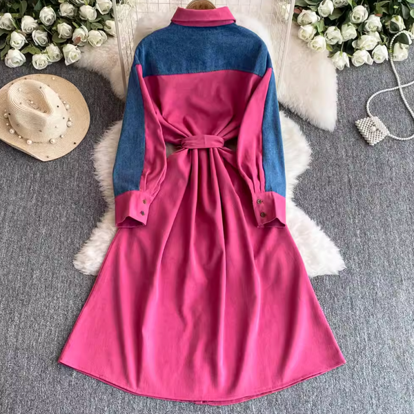 Lapeled Denim Patchwork Shirt Dress