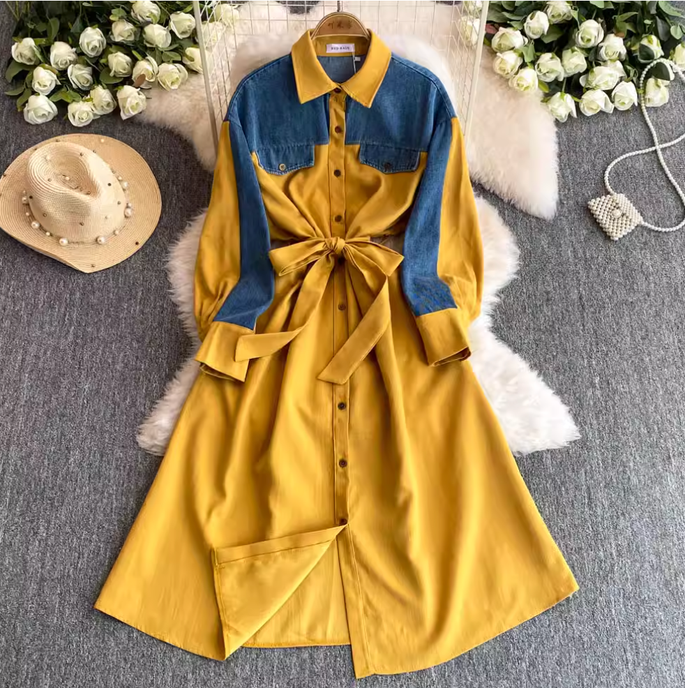 Lapeled Denim Patchwork Shirt Dress