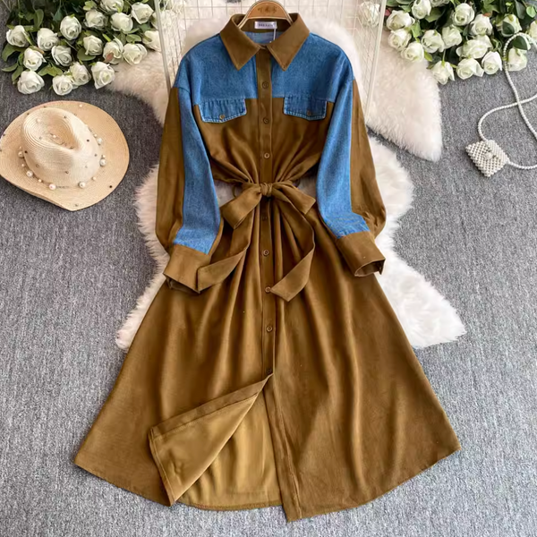 Lapeled Denim Patchwork Shirt Dress