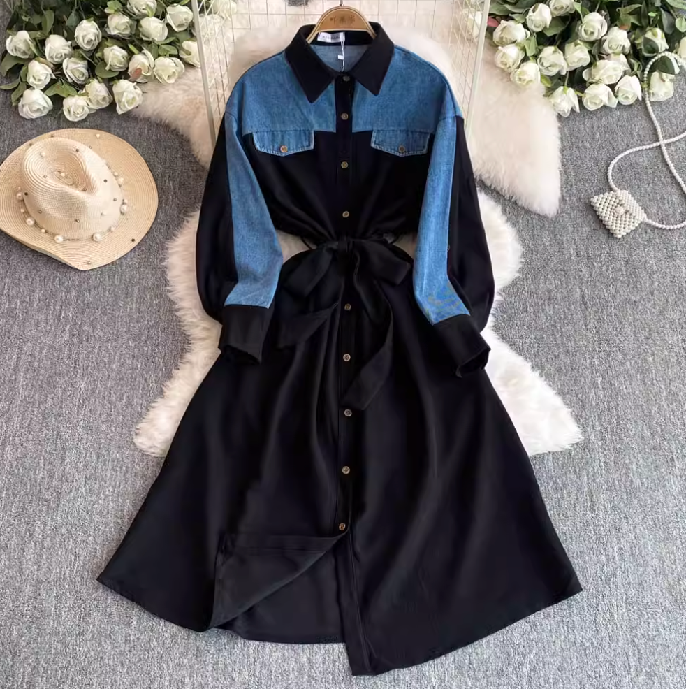 Lapeled Denim Patchwork Shirt Dress