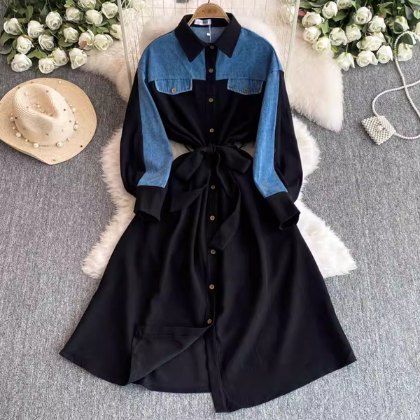 Lapeled Denim Patchwork Shirt Dress