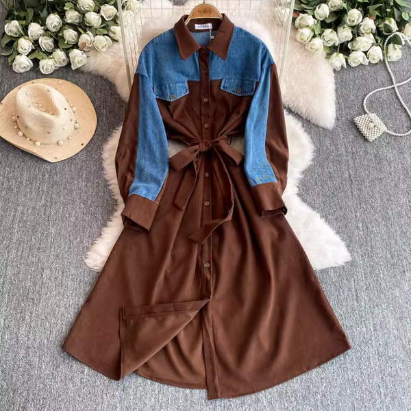Lapeled Denim Patchwork Shirt Dress